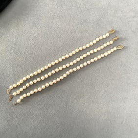 Three Single Strands Japanese Salt Water Culture Pearl and 14K Yellow Gold Bracelet