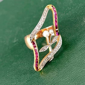 Natural Pearl, Ruby, Diamond and 14K Yellow Gold Ring