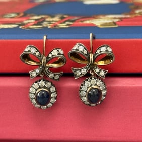 Sapphire, Diamond and Silver On Gold Earrings