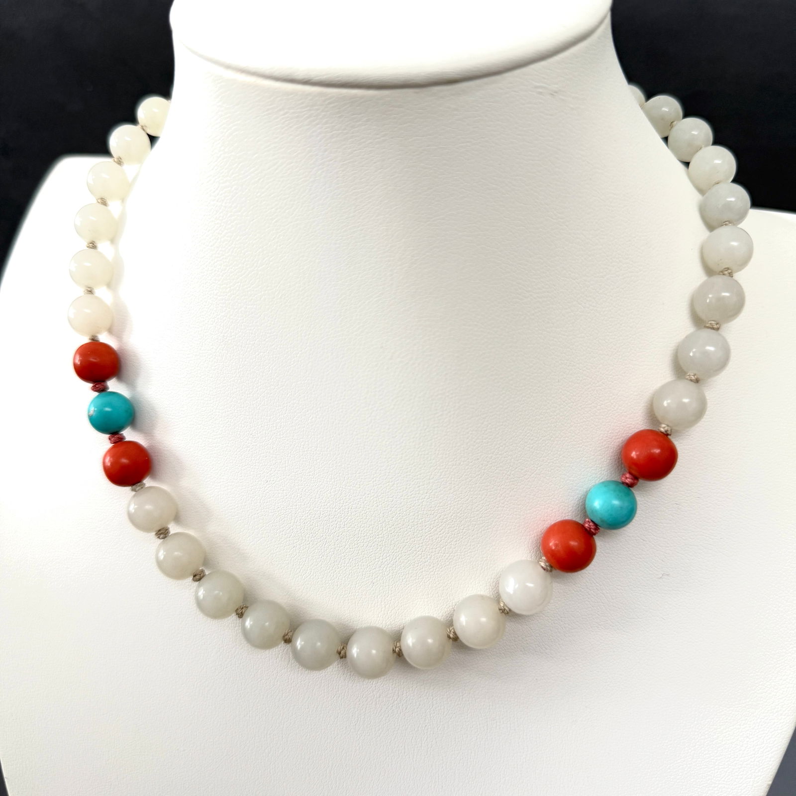 Jade, Coral and Turquoise Beads Necklace: Jade, coral and turquoise beads necklace. Beads diameter approximately 8mm-10mm; necklace length: 17 in; silver clasp; gross weight 52.2 gram. NOTE: THIS ITEM IS IN NEW YORK, WHERE IT CAN BE SHIPPED.