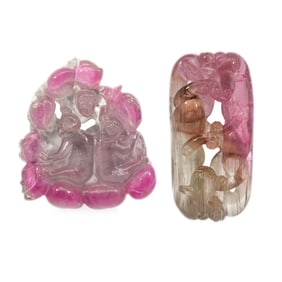 Two Carved Chinese Tourmaline Tiggles, Late Qing Dynasty