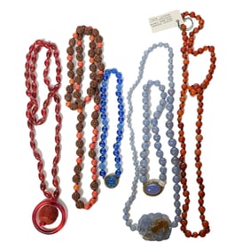 Group of 6 Strands of Necklaces Constructed from Hardstone, Peking Glass Beads, and Carved Fruit