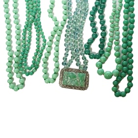 Group of 7 Necklaces Constructed With Green Glass, Crystal and Jadites