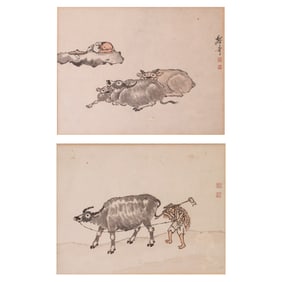 Li Qi (Qing Dynasty) - Pair of Chinese Pinting Farmer With Ox