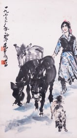 Huang Zhou ( 1925-1997 ) - Chinese Painitng Scroll of Figure and Donkey