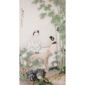 Cai Ziqin (Qing Dynasty) - Large Chinese Painting Scroll of Two Beauties