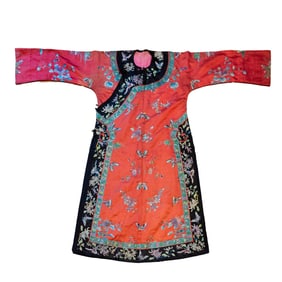 Chinese Red-Ground Embroidered Ladies' Robe, 19th Century