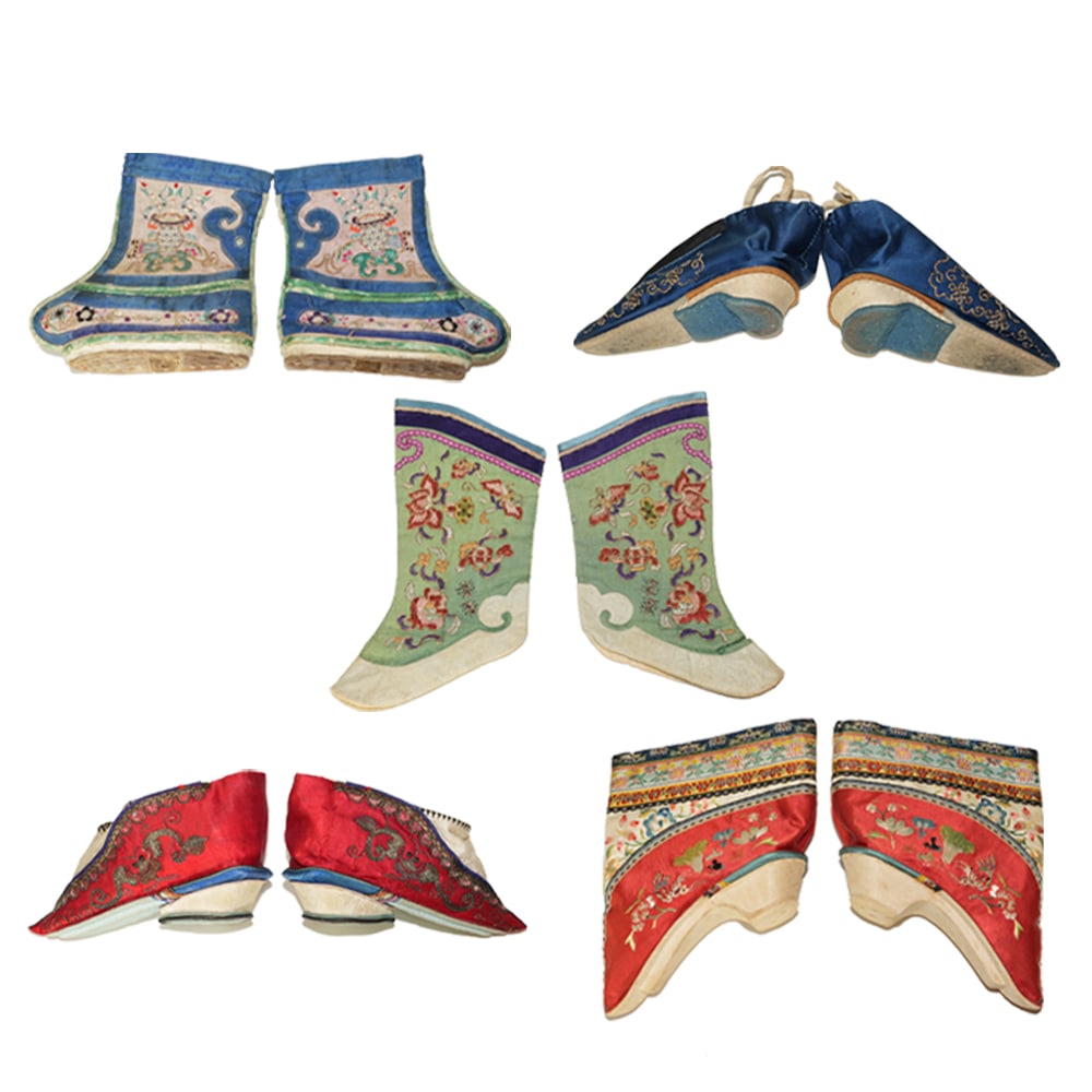 Four Pairs of Embroidered Shoes and One Pair of Socks, Late Qing Dynasty: (lot of 10) Four pairs of embroidered shoes and one pair of socks, late Qing dynasty. 5.12"l (13 cm) 4.72"l (12 cm) 4.72"l (12 cm) 5.91"l (15 cm) 4.33"l (11 cm) Provenance: Property from the Estate of