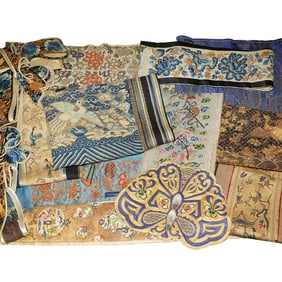 Group of 16 Embroidered Silk Textiles, Late Qing Dynasty