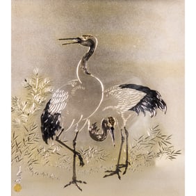 Japanese Gold-Inlaid 'Crane' Silver Plaque
