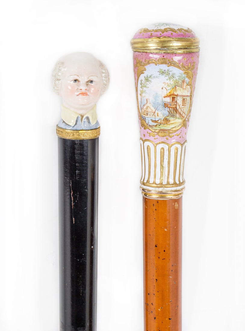 An English Staffordshire enamel snuff box handle walking cane with silver gilt mounts