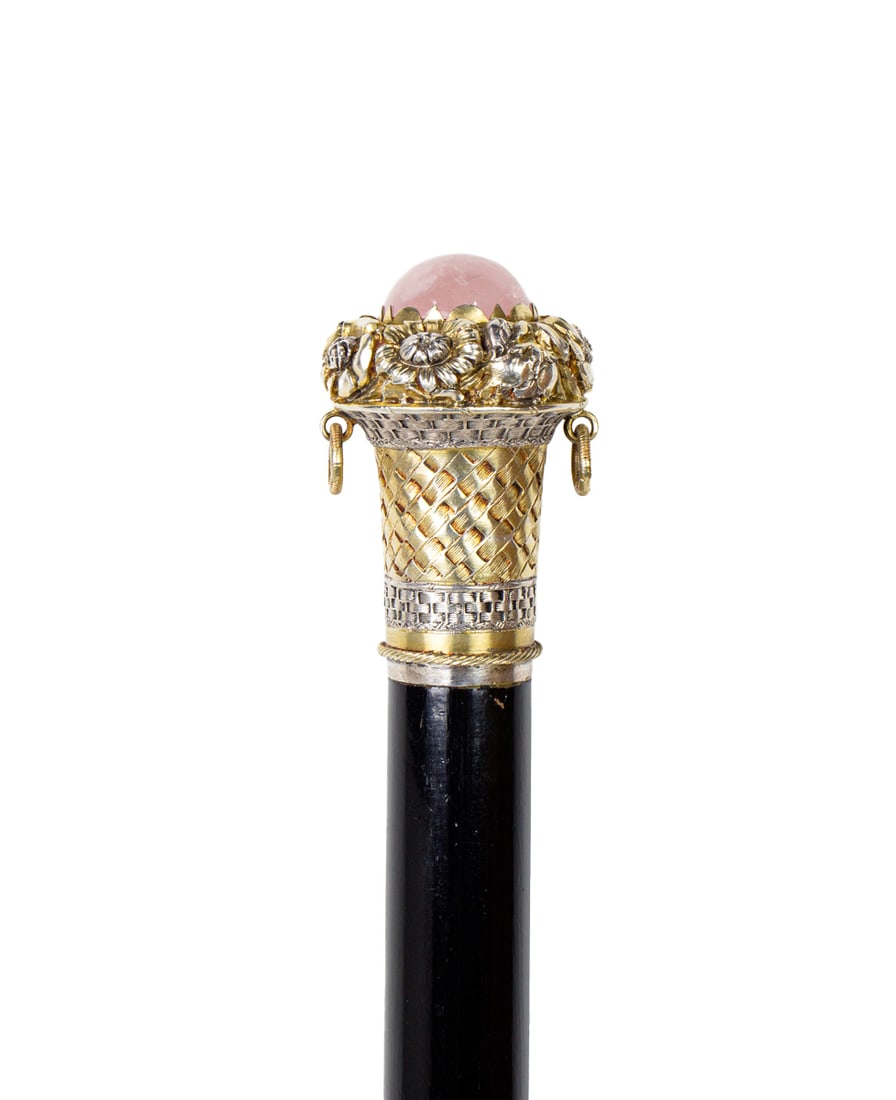 A German 800 standard silver gilt and rose quartz flower basket walking cane (1 of 5)