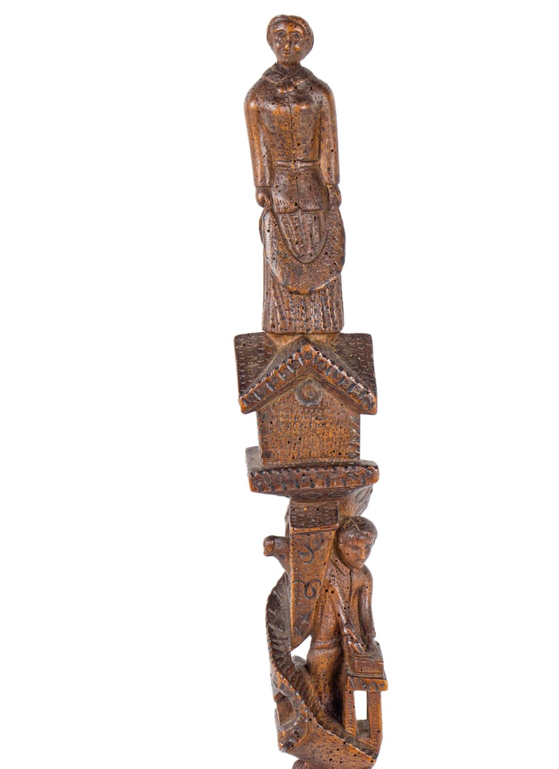 A French Folk Art carved walking cane with nailhead details (1 of 5)