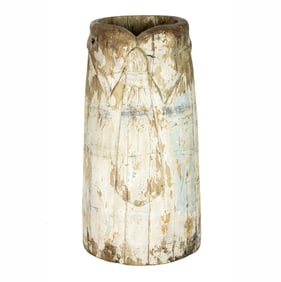 A Folk Art polychrome decorated carved wood umbrella stand or butter churn in the form of a collar