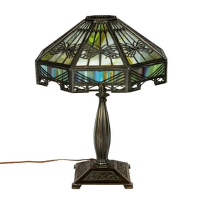 A Bradley & Hubbard leaded glass and metal dragonfly table lamp