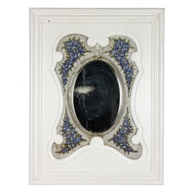 An Italian Venetian glass mosaic mirror in white painted wood surround