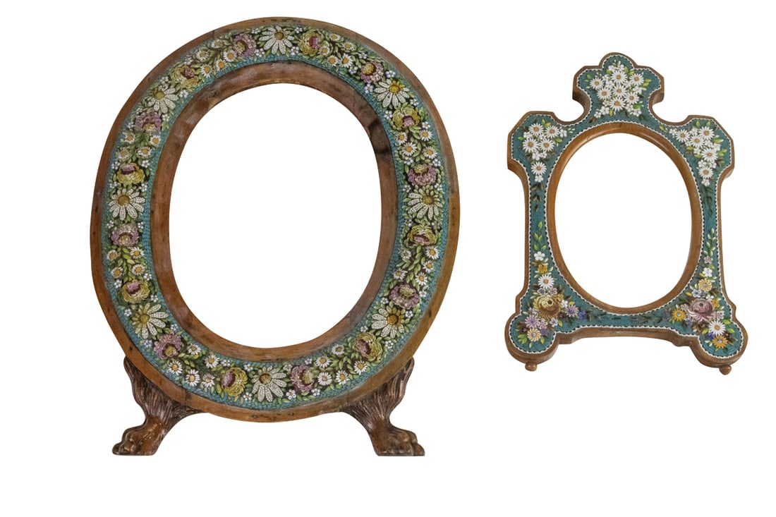 Two Italian Venetian mosaic glass picture frames: Two Italian Venetian mosaic glass picture frames, early 20th century, the first 10.5"h, 6"h (rabbet); the second with animal paws, 14"h, 9"h (rabbet). Provenance: The Estate of Eddi Van Auken, Danvill