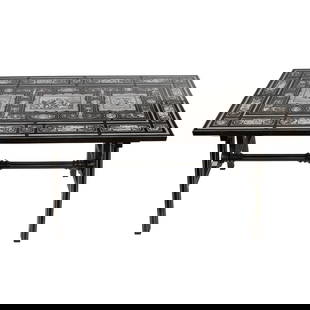An Italian engraved bone inlaid and ebony trestle table: An Italian engraved bone inlaid and ebony trestle table, attributed to Giovanni Battista Gatti (1816-1889), circa 1870, executed in the Classical taste, the highly decorated top with scenic border dep