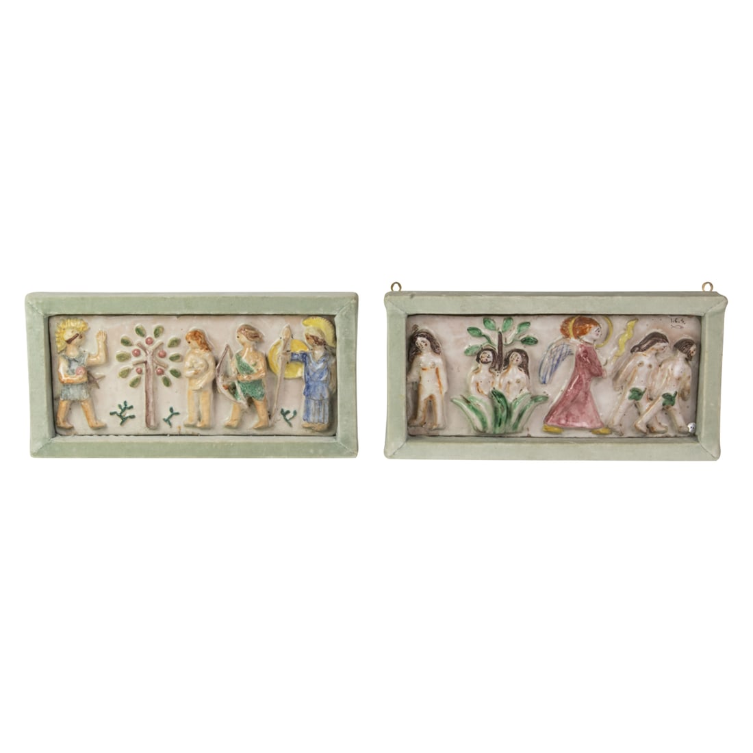 A pair of Italian majolica relief tiles depicting the Creation Narrative of Adam and Eve (1 of 4)