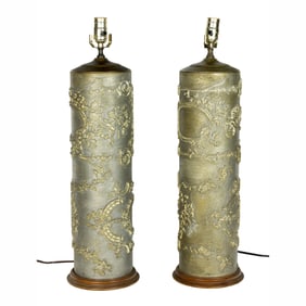 A pair of wood and brass wallpaper pattern press cylinders