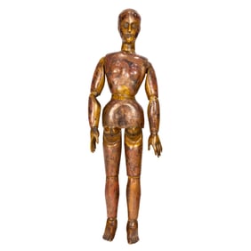 A French copper clad articulated artist's female mannequin or lay figure