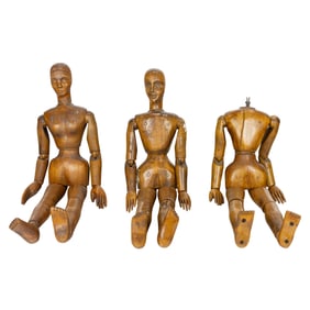 Three French wood articulated artist's mannequins of lay figures
