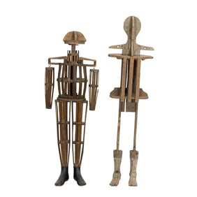 Two mannequins composed of stave wood