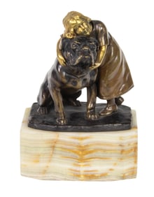 A German patinated and gilt bronze group of a girl and bulldog after Julius Paul Schmidt-Felling