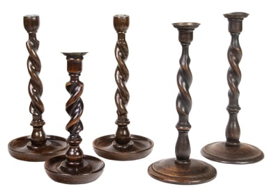 Five English oak barley twist wood candlesticks