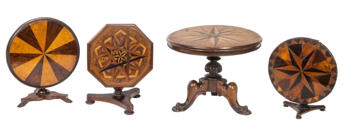 Four miniature English marquetry inlaid tilt-top tables