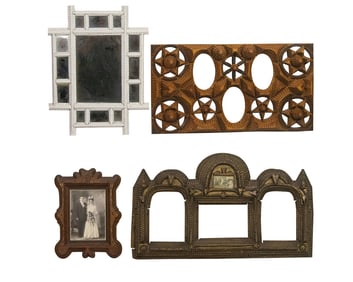 Three Tramp Art wood photograph frames and mirror