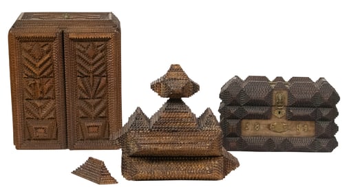Three Tramp Art boxes