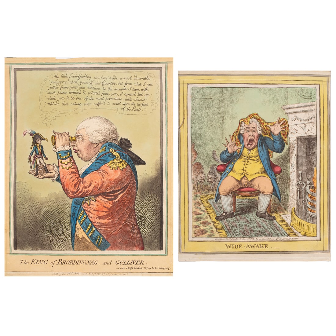Prints, James Gillray: (lot of 2) James Gillray (British, 1756-1815), "The King of Brobdingnag, and Gulliver" and "Wide Awake," colored lithographs, sheet (unframed, for larger): 12"h x 9.25"w. Provenance: The Estate of Edd