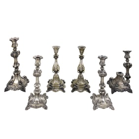 Three pairs of Polish silver-plated candlesticks including Judaica Shabbat
