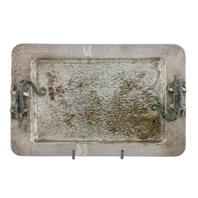 A Wolmar Castillo Taxco silver plated tray with stone inlaid chameleon handles