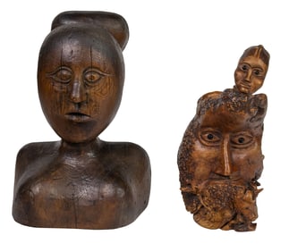A Folk Art carved wood head and pitcher