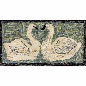 An American hooked rug of two swans