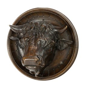A European carved wood head of a cow