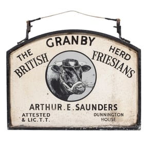 An English iron and sheet metal advertising two-sided dairy or livestock farm sign: The Granby Herd