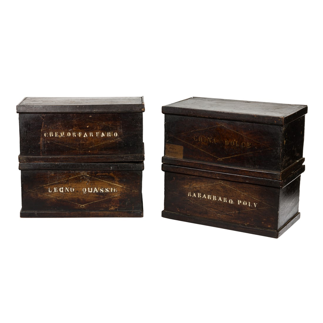 A set of four Continental wood apothecary boxes with inscriptions (1 of 8)