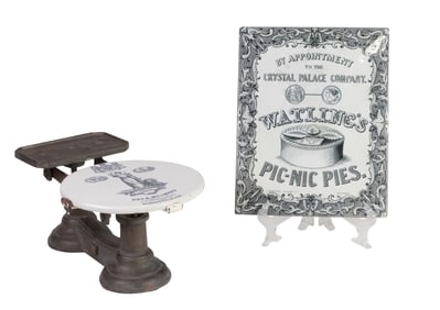 An English ironstone advertising sign and scale