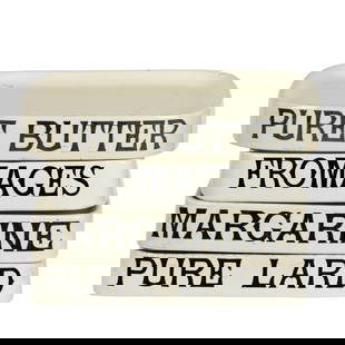 Four English ironstone advertising display stands: Four English ironstone advertising display stands, early 20th century, comprising square Parnall & Sons Ltd 'Margarine'; square 'Pure Lard'; G. Rushbrooke 'Fromages' and rectangular Parnall & Sons 'Pu
