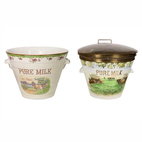 Two English transfer decorated ironstone advertising dairy pails and one cover