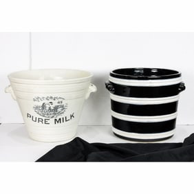 Two English ceramic advertising dairy pails and two covers