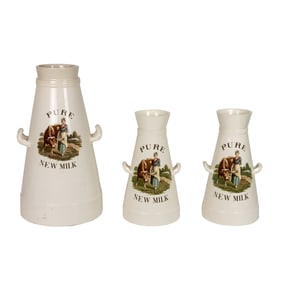 Three English transfer decorated ceramic advertising churns
