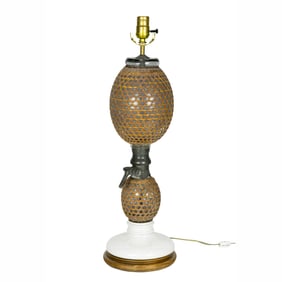 A French glass and porcelain seltzer bottle or gazogene now mounted as a table lamp