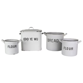 Four enamel kitchen bread and flour bins