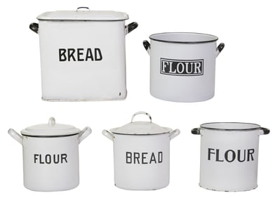 Five enamel kitchen bread and flour bins