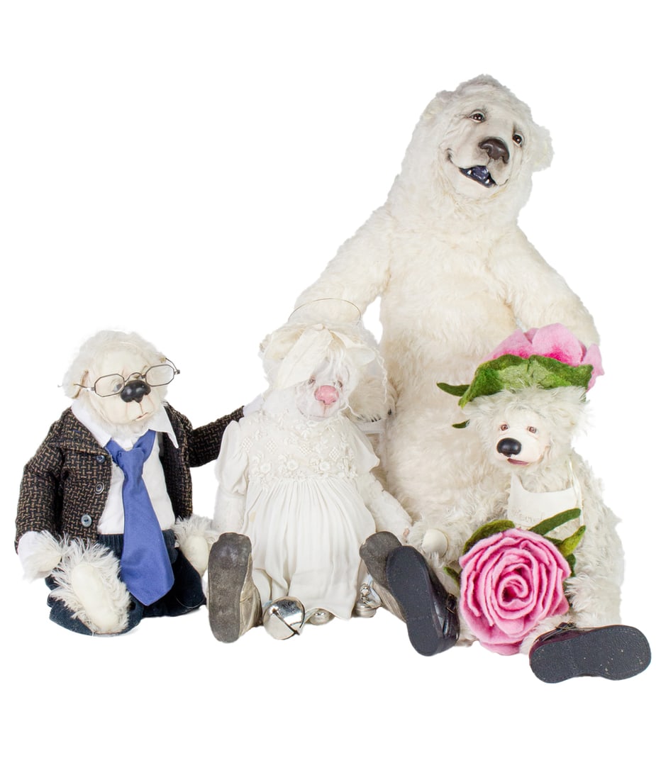 Four Lulu Tatum stuffed mohair jointed polar bears with leather details: Four Lulu Tatum stuffed mohair jointed polar bears with leather details, each numbered #1/1, signed 'Lulu' and variously dated 2001, 2016, 2020, between 14?h and 22?h. Provenance: The Estate of Eddi V
