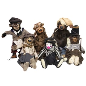 Six Lulu Tatum stuffed mohair jointed brown and black bears with leather details